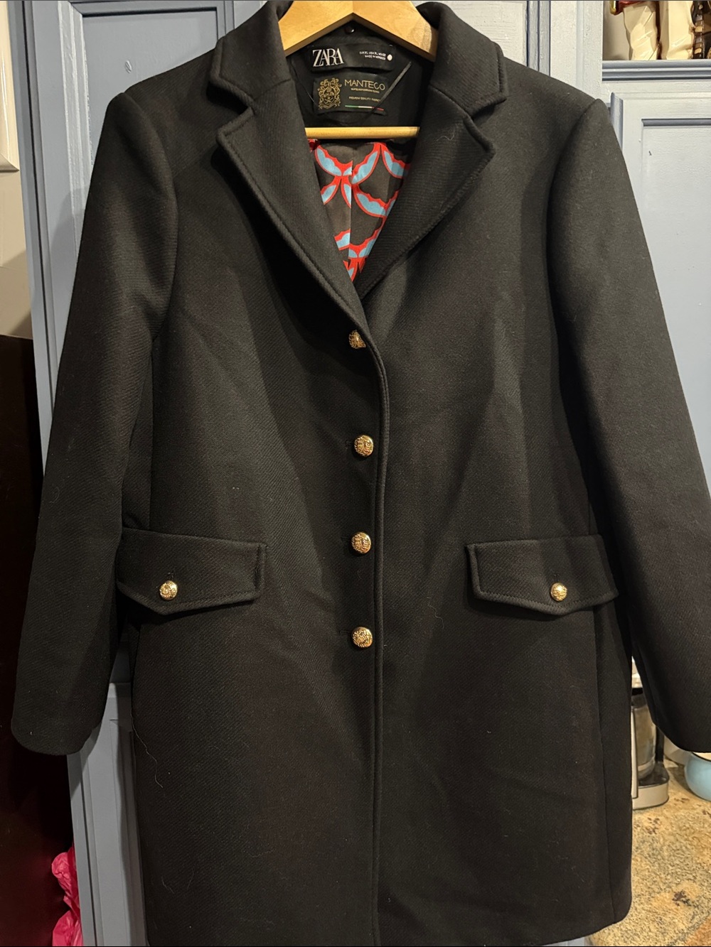Zara Black Wool-Blend Pea Coat with Gold Buttons and pockets